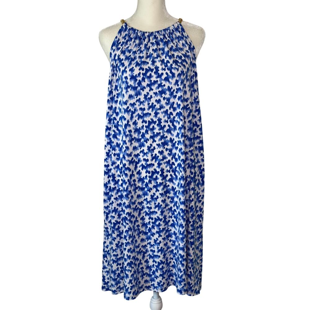 MICHAEL Michael Kors Royal Blue Halter Dress White Print Gold Chain DetaiL XL